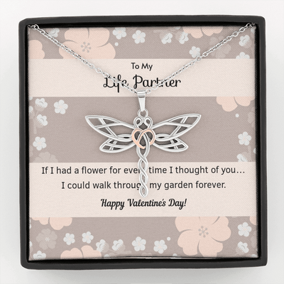 To My Wife Flower to My Life Partner Dragonfly Necklace Message Card - Dragonfly