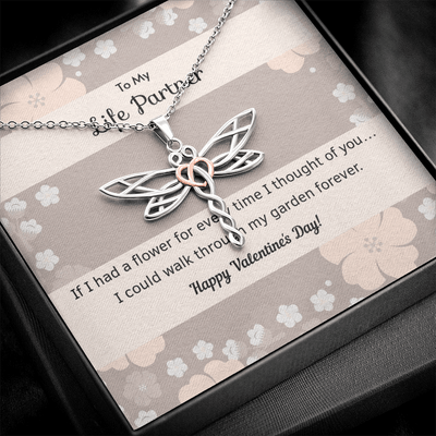 To My Wife Flower to My Life Partner Dragonfly Necklace Message Card - Dragonfly