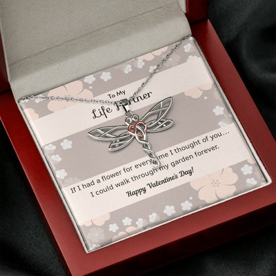 To My Wife Flower to My Life Partner Dragonfly Necklace Message Card - Dragonfly