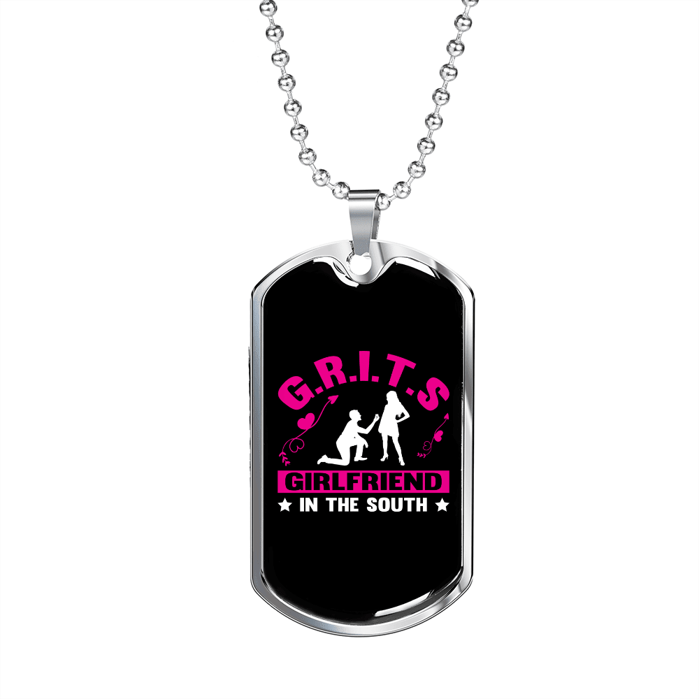 To My Girlfriend G.R.I.T.S Pink Girlfriend Necklace Stainless Steel or 18k Gold Dog Tag 24" Chain - Luxury Love Messages Dog Tag Gifts For Man, Woman