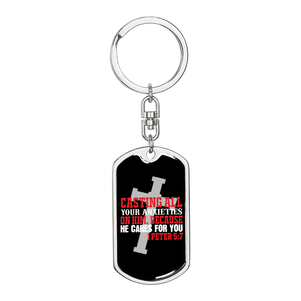 He Cares For You 1 Peter 5:7 Keychain Dog Tag Keyring - Dog Tag with Swivel Keychain