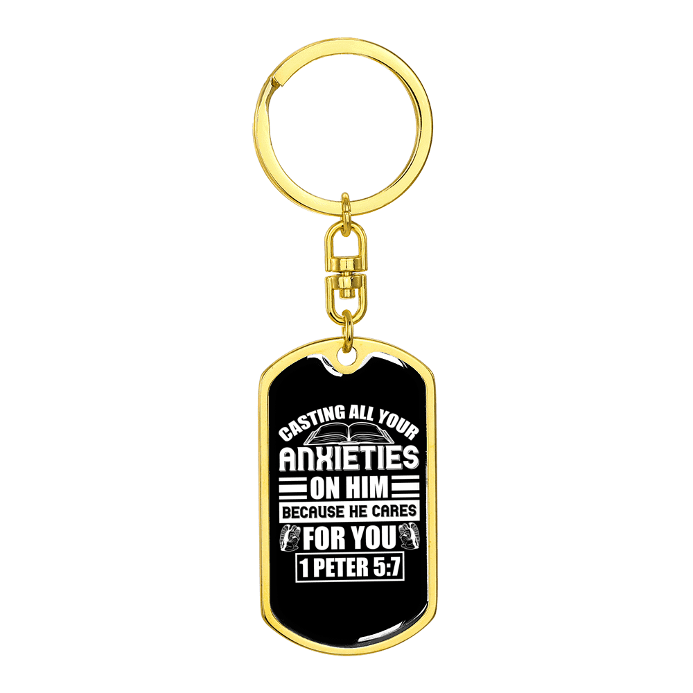 Anxieties On Him 1 Peter 5:7 Keychain Dog Tag Keyring - Dog Tag with Swivel Keychain