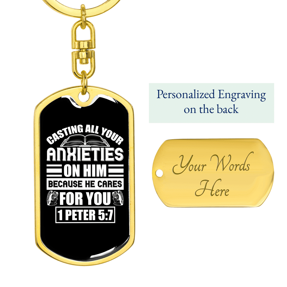 Anxieties On Him 1 Peter 5:7 Keychain Dog Tag Keyring - Dog Tag with Swivel Keychain