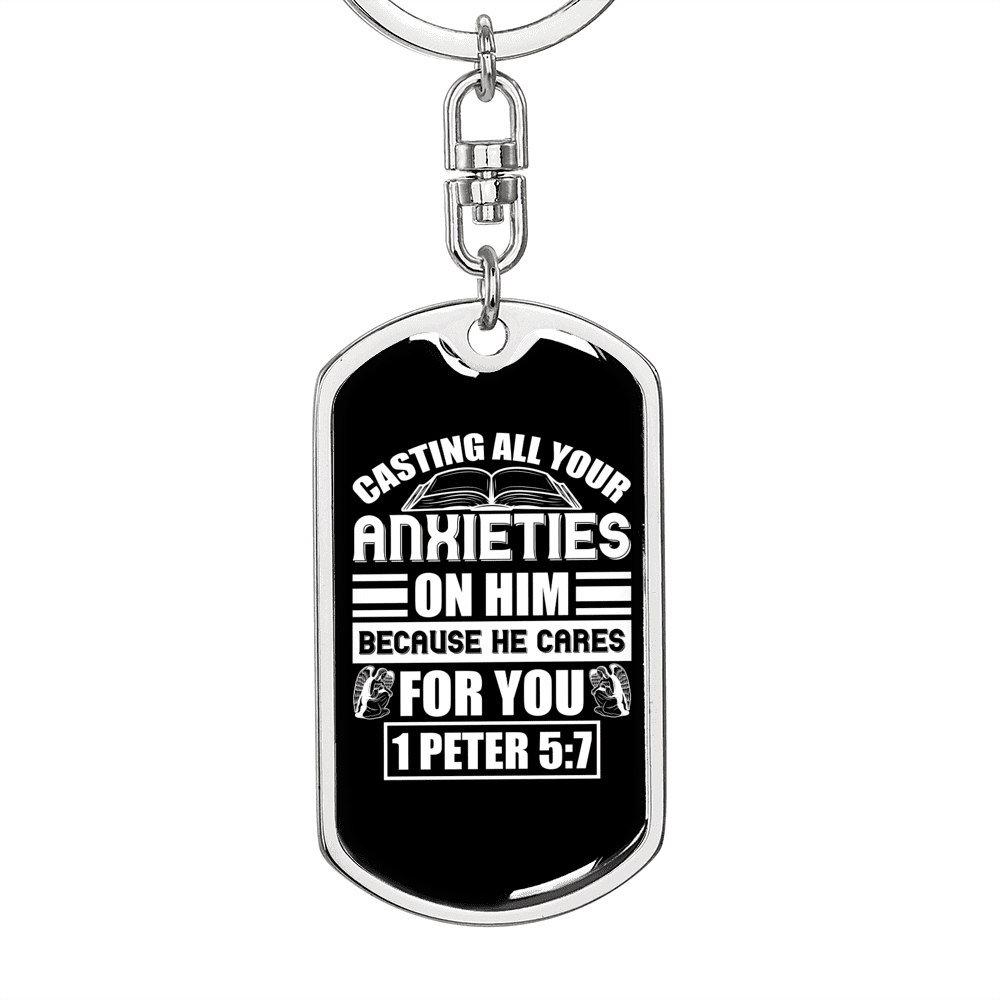 Anxieties On Him 1 Peter 5:7 Keychain Dog Tag Keyring - Dog Tag with Swivel Keychain