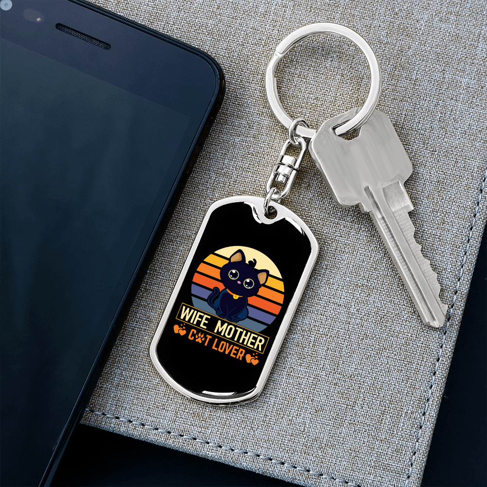 To My Wife  Wife Mother Cat Lover Keychain Stainless Steel or 18k Gold Dog Tag Keyring - Dog Tag with Swivel Keychain