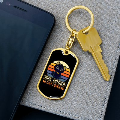 To My Wife  Wife Mother Cat Lover Keychain Stainless Steel or 18k Gold Dog Tag Keyring - Dog Tag with Swivel Keychain