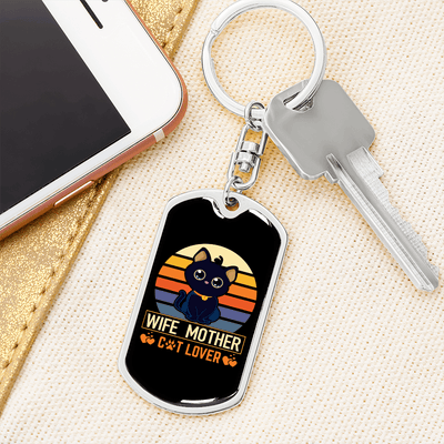 To My Wife  Wife Mother Cat Lover Keychain Stainless Steel or 18k Gold Dog Tag Keyring - Dog Tag with Swivel Keychain
