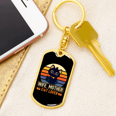 To My Wife  Wife Mother Cat Lover Keychain Stainless Steel or 18k Gold Dog Tag Keyring - Dog Tag with Swivel Keychain