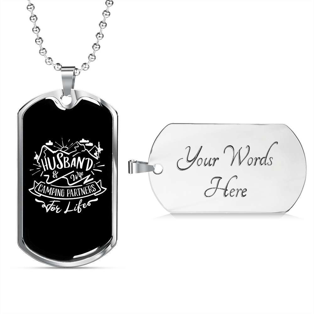 To My Husband Husband & Wife Camping Partners Necklace Stainless Steel or 18k Gold Dog Tag 24" Chain - Luxury Love Messages Dog Tag Gifts For Man, Woman