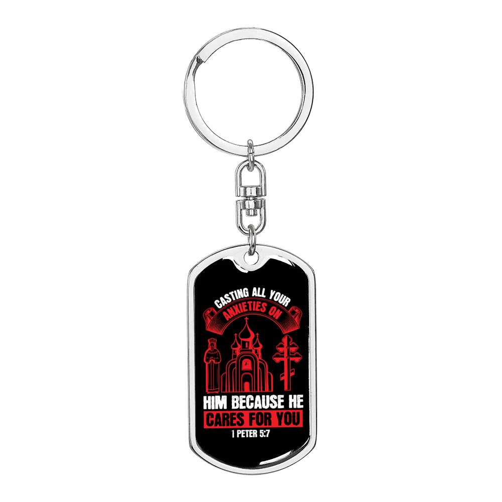 He Cares For You 1 Peter 5:7 Keychain Dog Tag Keyring - Dog Tag with Swivel Keychain