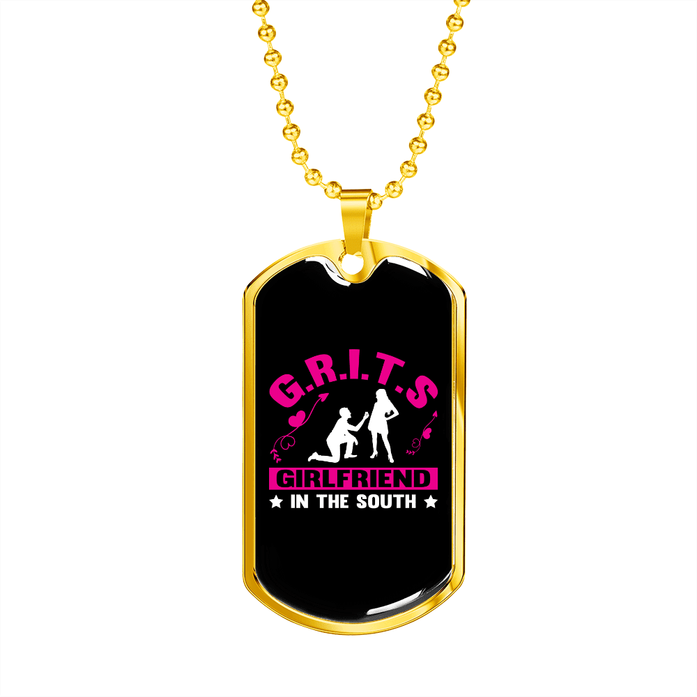 To My Girlfriend G.R.I.T.S Pink Girlfriend Necklace Stainless Steel or 18k Gold Dog Tag 24" Chain - Luxury Love Messages Dog Tag Gifts For Man, Woman