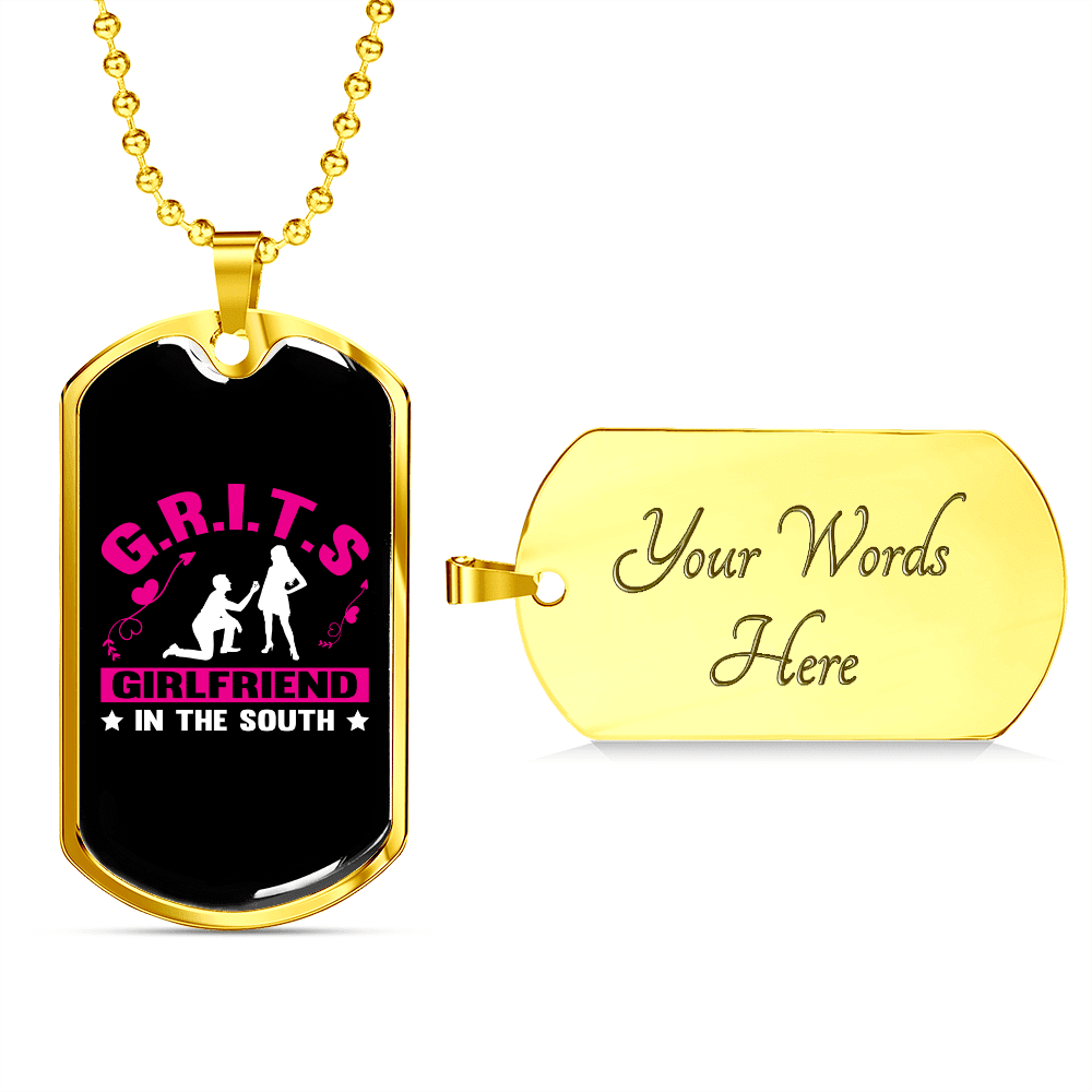 To My Girlfriend G.R.I.T.S Pink Girlfriend Necklace Stainless Steel or 18k Gold Dog Tag 24" Chain - Luxury Love Messages Dog Tag Gifts For Man, Woman