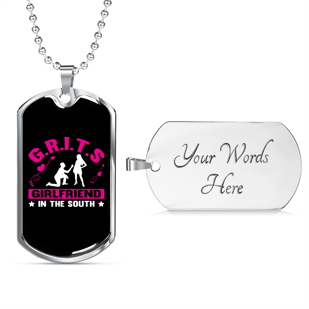 To My Girlfriend G.R.I.T.S Pink Girlfriend Necklace Stainless Steel or 18k Gold Dog Tag 24" Chain - Luxury Love Messages Dog Tag Gifts For Man, Woman