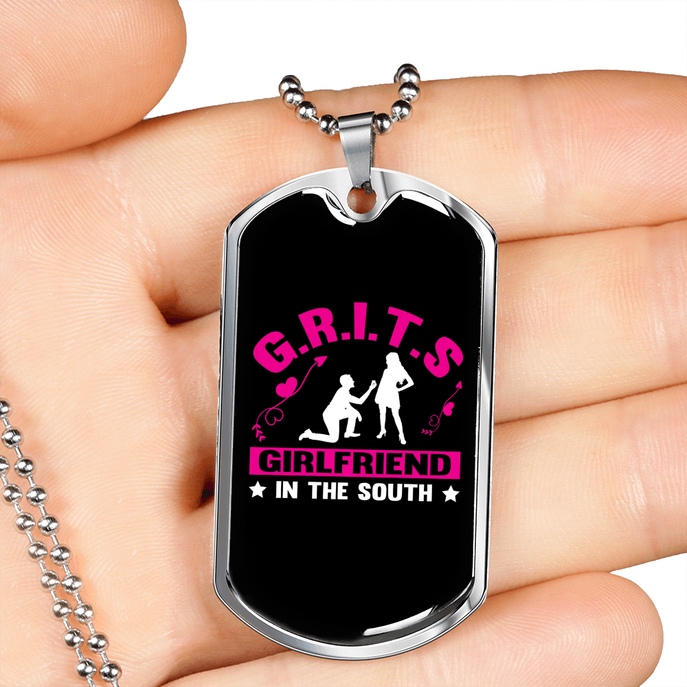 To My Girlfriend G.R.I.T.S Pink Girlfriend Necklace Stainless Steel or 18k Gold Dog Tag 24" Chain - Luxury Love Messages Dog Tag Gifts For Man, Woman