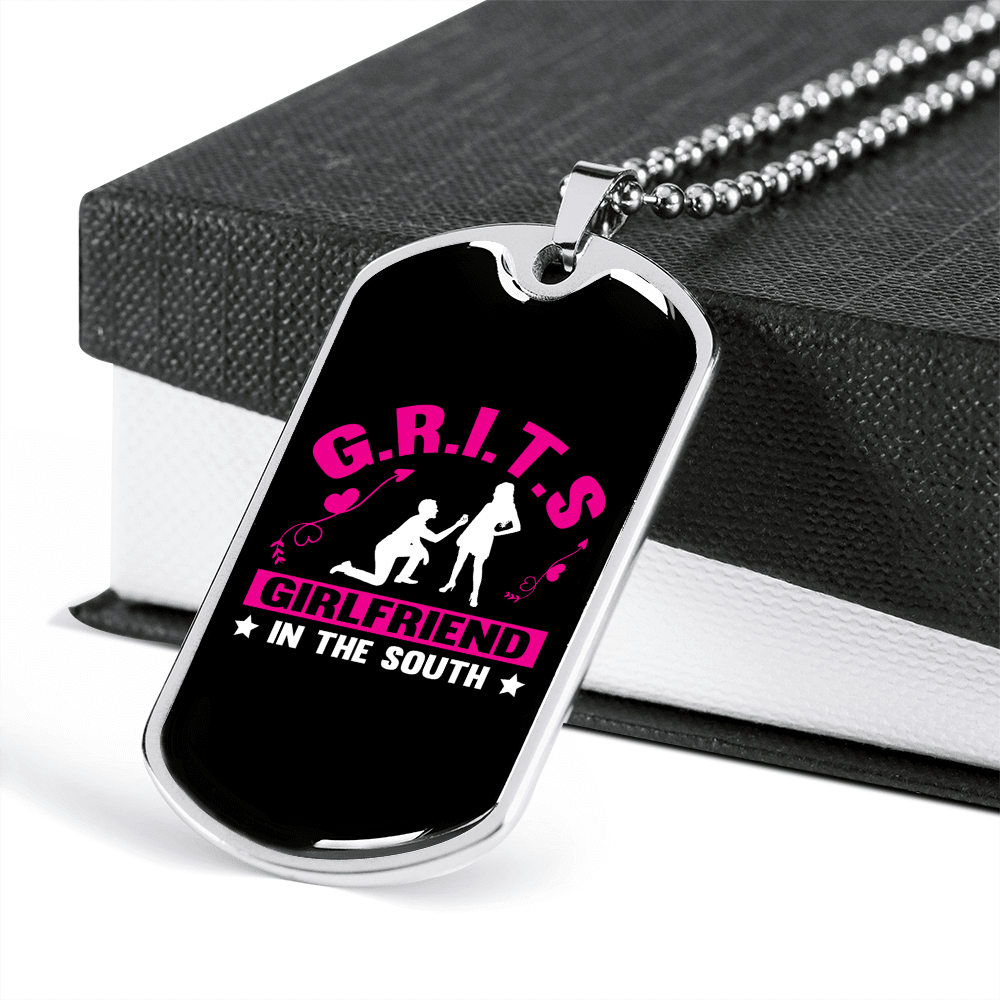 To My Girlfriend G.R.I.T.S Pink Girlfriend Necklace Stainless Steel or 18k Gold Dog Tag 24" Chain - Luxury Love Messages Dog Tag Gifts For Man, Woman