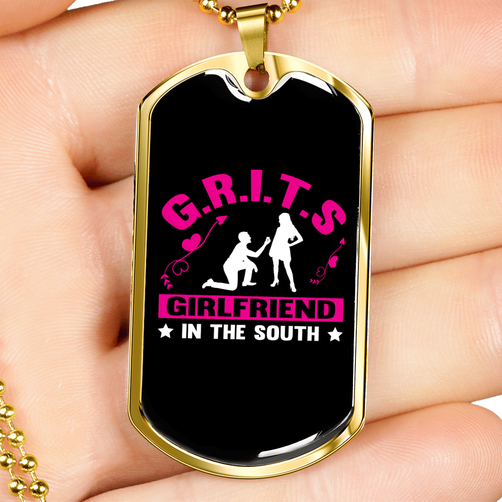 To My Girlfriend G.R.I.T.S Pink Girlfriend Necklace Stainless Steel or 18k Gold Dog Tag 24" Chain - Luxury Love Messages Dog Tag Gifts For Man, Woman