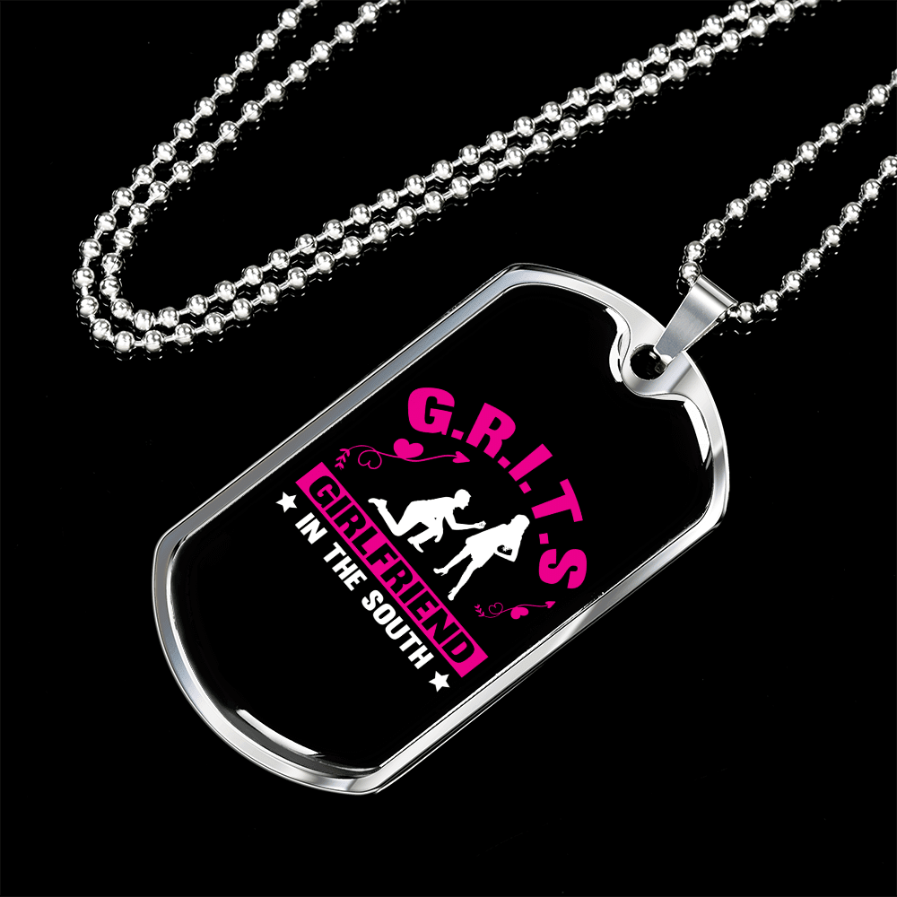 To My Girlfriend G.R.I.T.S Pink Girlfriend Necklace Stainless Steel or 18k Gold Dog Tag 24" Chain - Luxury Love Messages Dog Tag Gifts For Man, Woman