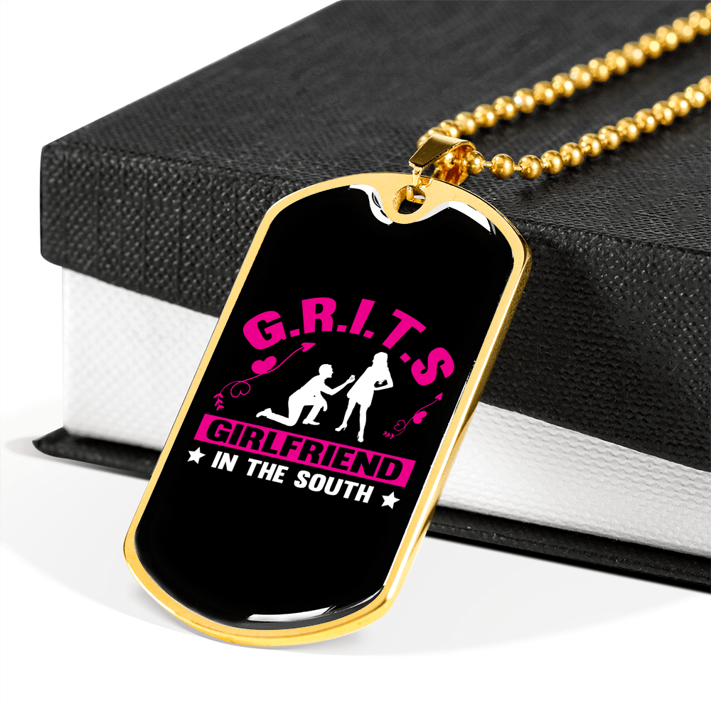 To My Girlfriend G.R.I.T.S Pink Girlfriend Necklace Stainless Steel or 18k Gold Dog Tag 24" Chain - Luxury Love Messages Dog Tag Gifts For Man, Woman