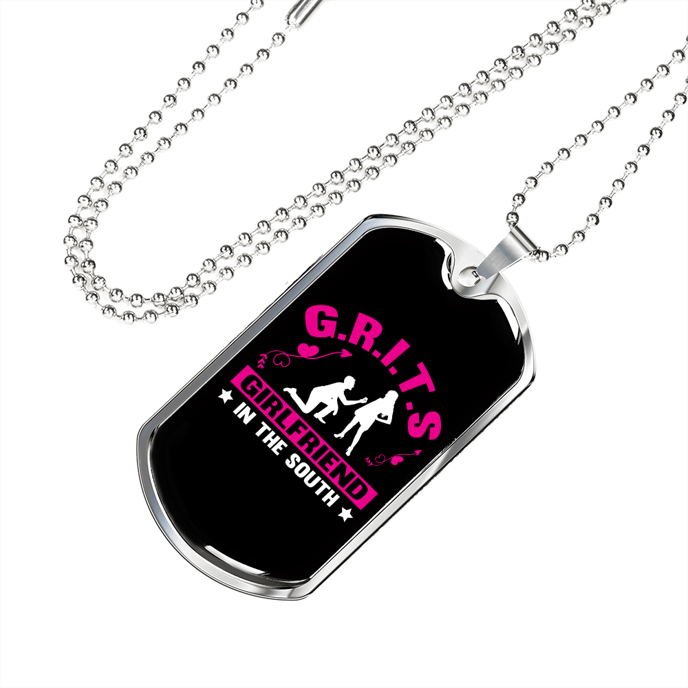 To My Girlfriend G.R.I.T.S Pink Girlfriend Necklace Stainless Steel or 18k Gold Dog Tag 24" Chain - Luxury Love Messages Dog Tag Gifts For Man, Woman