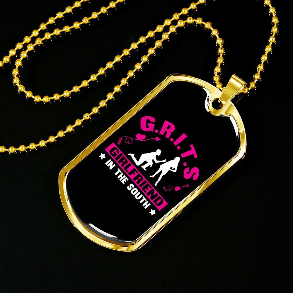 To My Girlfriend G.R.I.T.S Pink Girlfriend Necklace Stainless Steel or 18k Gold Dog Tag 24" Chain - Luxury Love Messages Dog Tag Gifts For Man, Woman