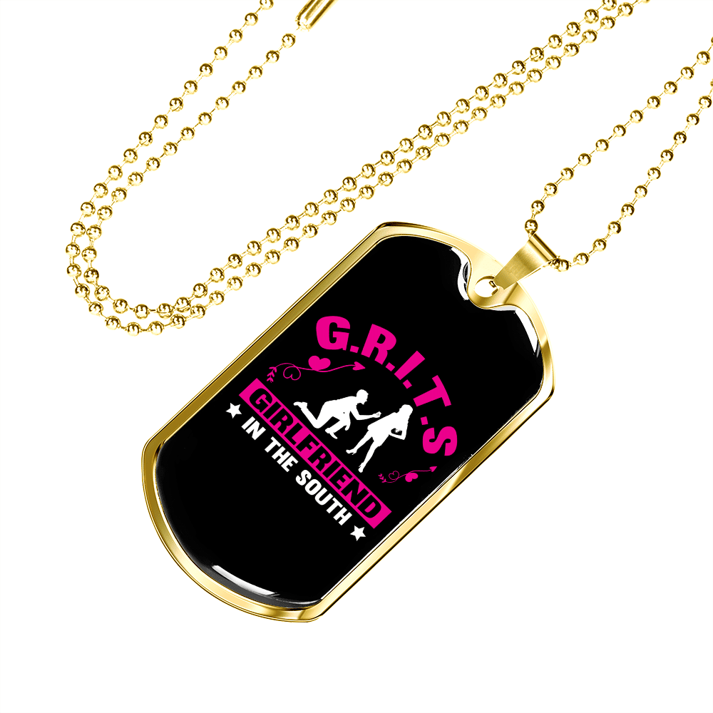 To My Girlfriend G.R.I.T.S Pink Girlfriend Necklace Stainless Steel or 18k Gold Dog Tag 24" Chain - Luxury Love Messages Dog Tag Gifts For Man, Woman