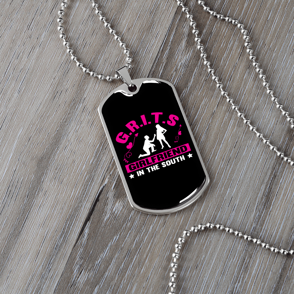 To My Girlfriend G.R.I.T.S Pink Girlfriend Necklace Stainless Steel or 18k Gold Dog Tag 24" Chain - Luxury Love Messages Dog Tag Gifts For Man, Woman