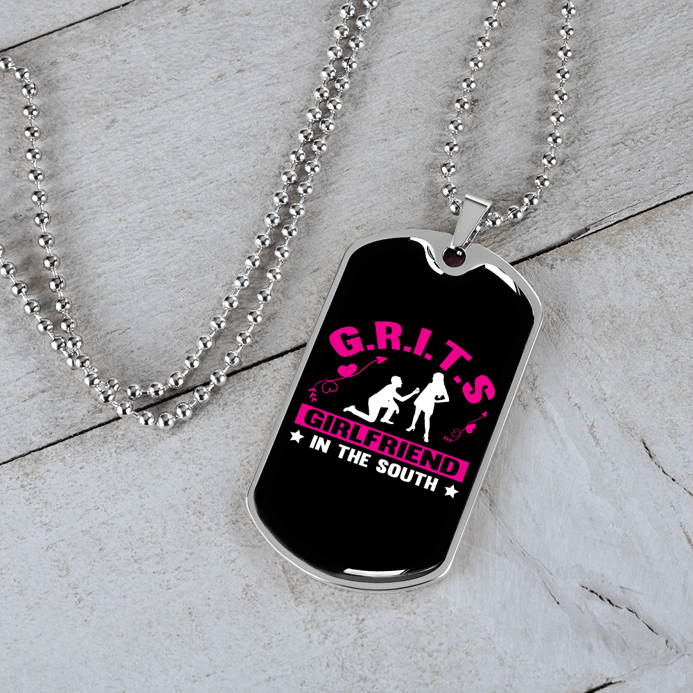 To My Girlfriend G.R.I.T.S Pink Girlfriend Necklace Stainless Steel or 18k Gold Dog Tag 24" Chain - Luxury Love Messages Dog Tag Gifts For Man, Woman