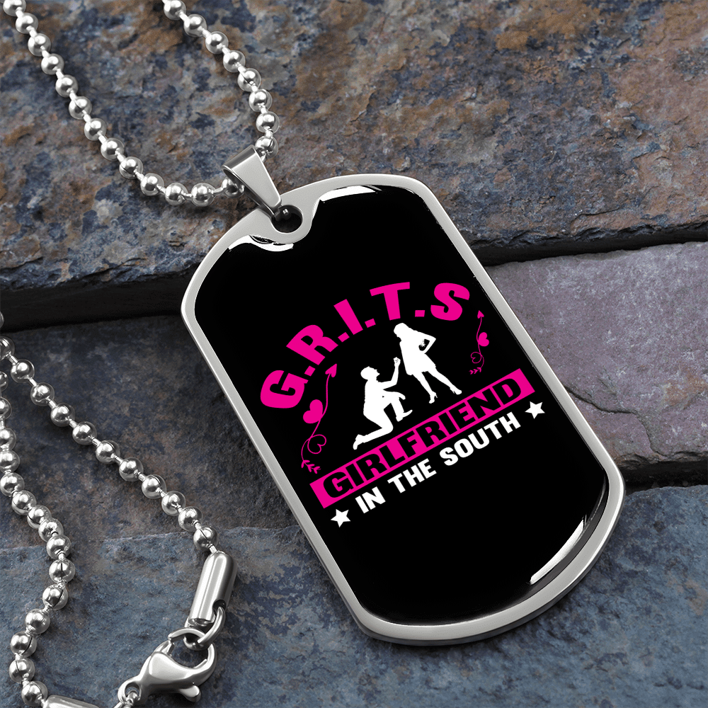 To My Girlfriend G.R.I.T.S Pink Girlfriend Necklace Stainless Steel or 18k Gold Dog Tag 24" Chain - Luxury Love Messages Dog Tag Gifts For Man, Woman