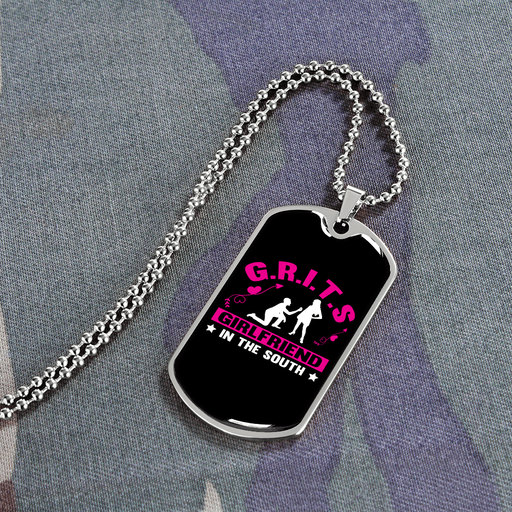To My Girlfriend G.R.I.T.S Pink Girlfriend Necklace Stainless Steel or 18k Gold Dog Tag 24" Chain - Luxury Love Messages Dog Tag Gifts For Man, Woman