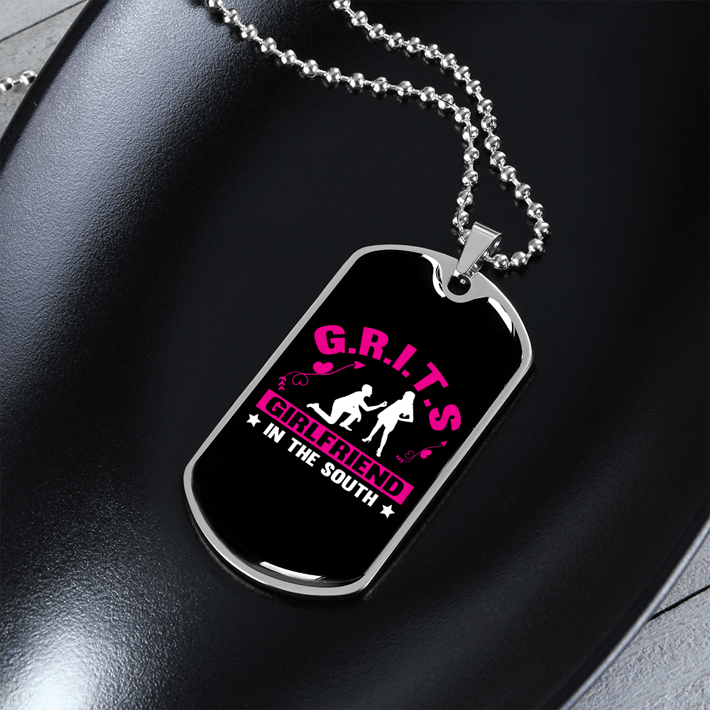 To My Girlfriend G.R.I.T.S Pink Girlfriend Necklace Stainless Steel or 18k Gold Dog Tag 24" Chain - Luxury Love Messages Dog Tag Gifts For Man, Woman