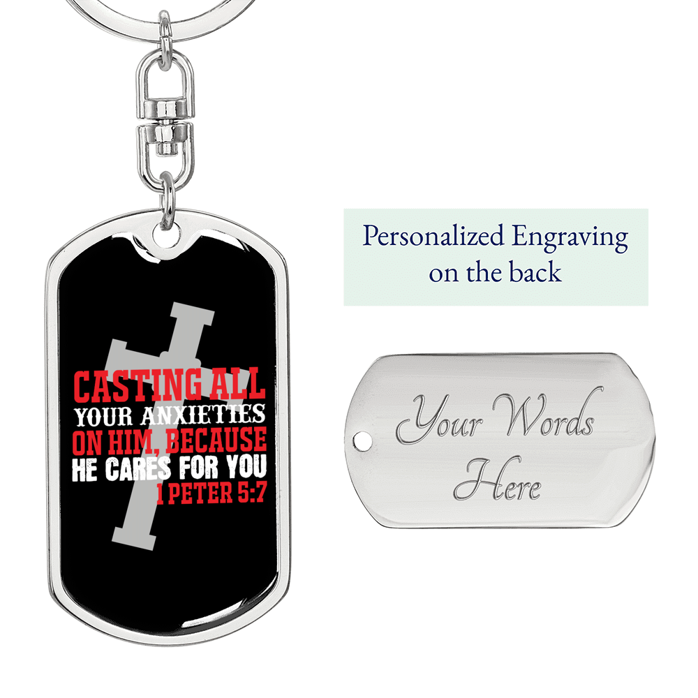 He Cares For You 1 Peter 5:7 Keychain Dog Tag Keyring - Dog Tag with Swivel Keychain