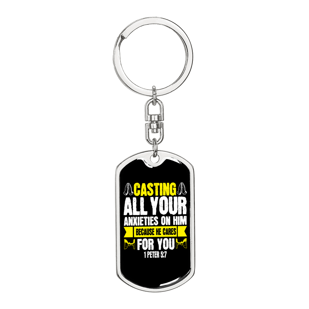 Casting All Anxieties 1 Peter 5:7 Keychain Dog Tag Keyring - Dog Tag with Swivel Keychain