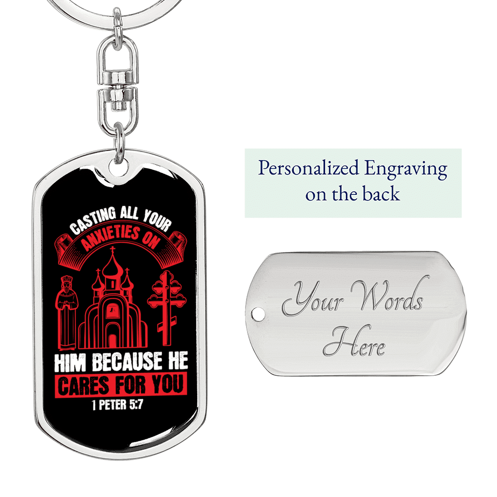 He Cares For You 1 Peter 5:7 Keychain Dog Tag Keyring - Dog Tag with Swivel Keychain