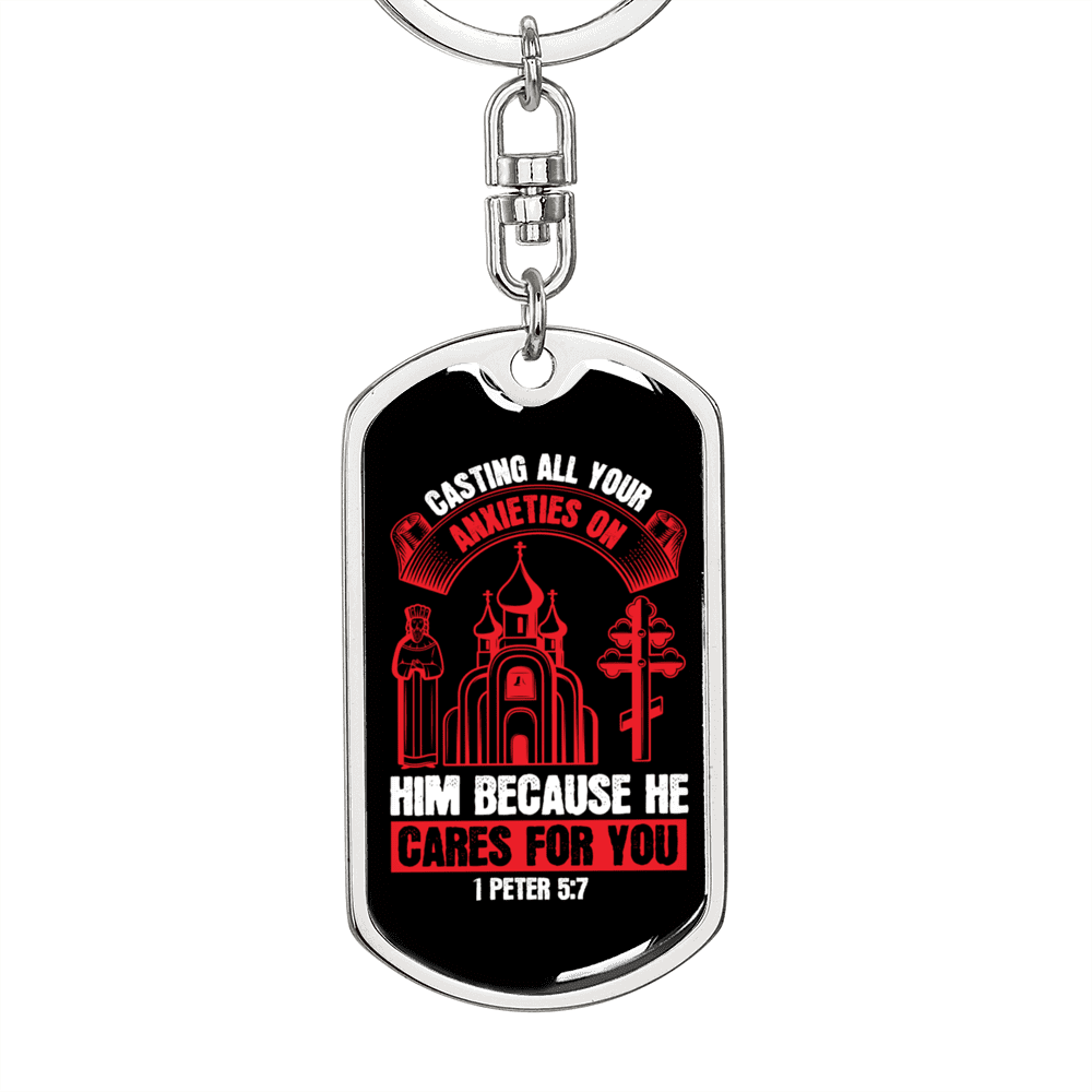 He Cares For You 1 Peter 5:7 Keychain Dog Tag Keyring - Dog Tag with Swivel Keychain