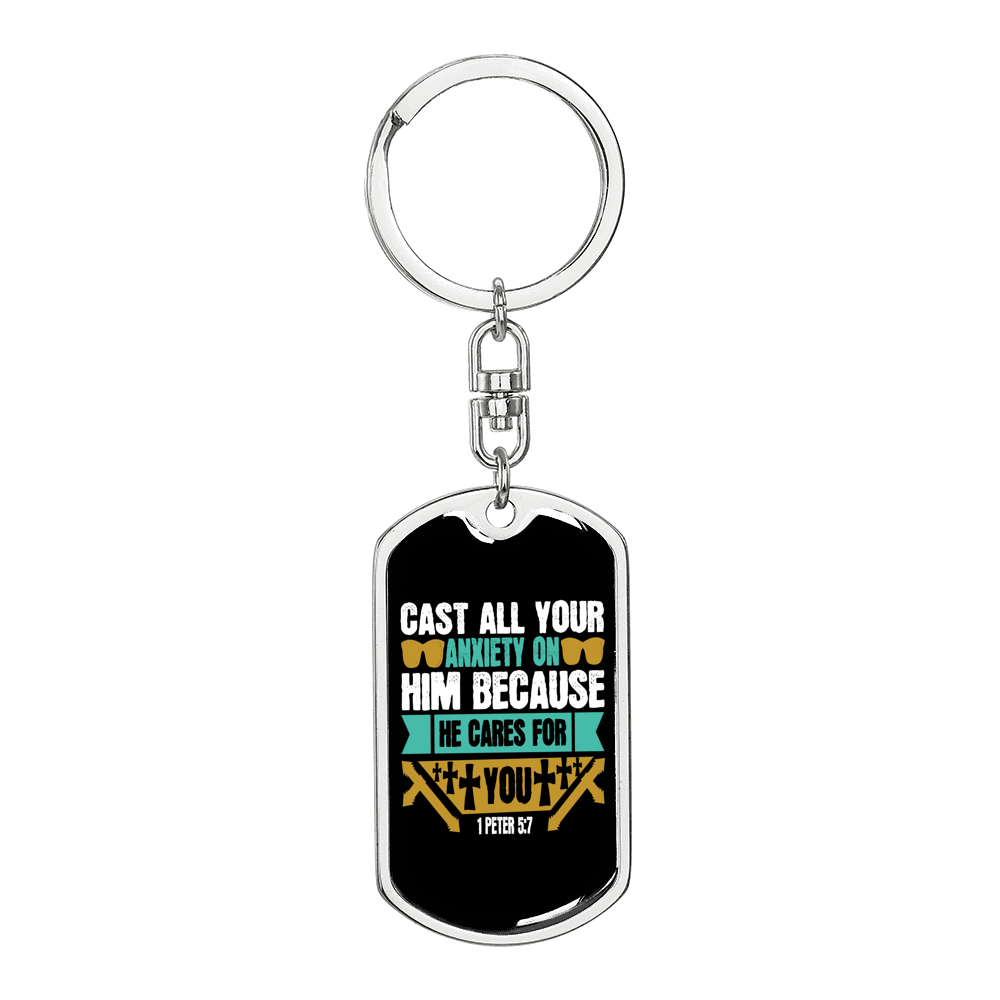 Cast Your Anxiety 1 Peter 5:7 Keychain Dog Tag Keyring - Dog Tag with Swivel Keychain