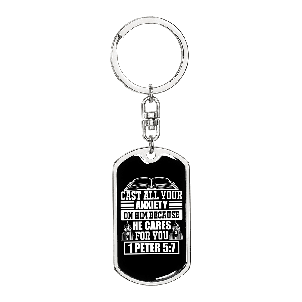 Because He Cares 1 Peter 5:7 Keychain Dog Tag Keyring - Dog Tag with Swivel Keychain