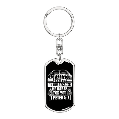 Because He Cares 1 Peter 5:7 Keychain Dog Tag Keyring - Dog Tag with Swivel Keychain