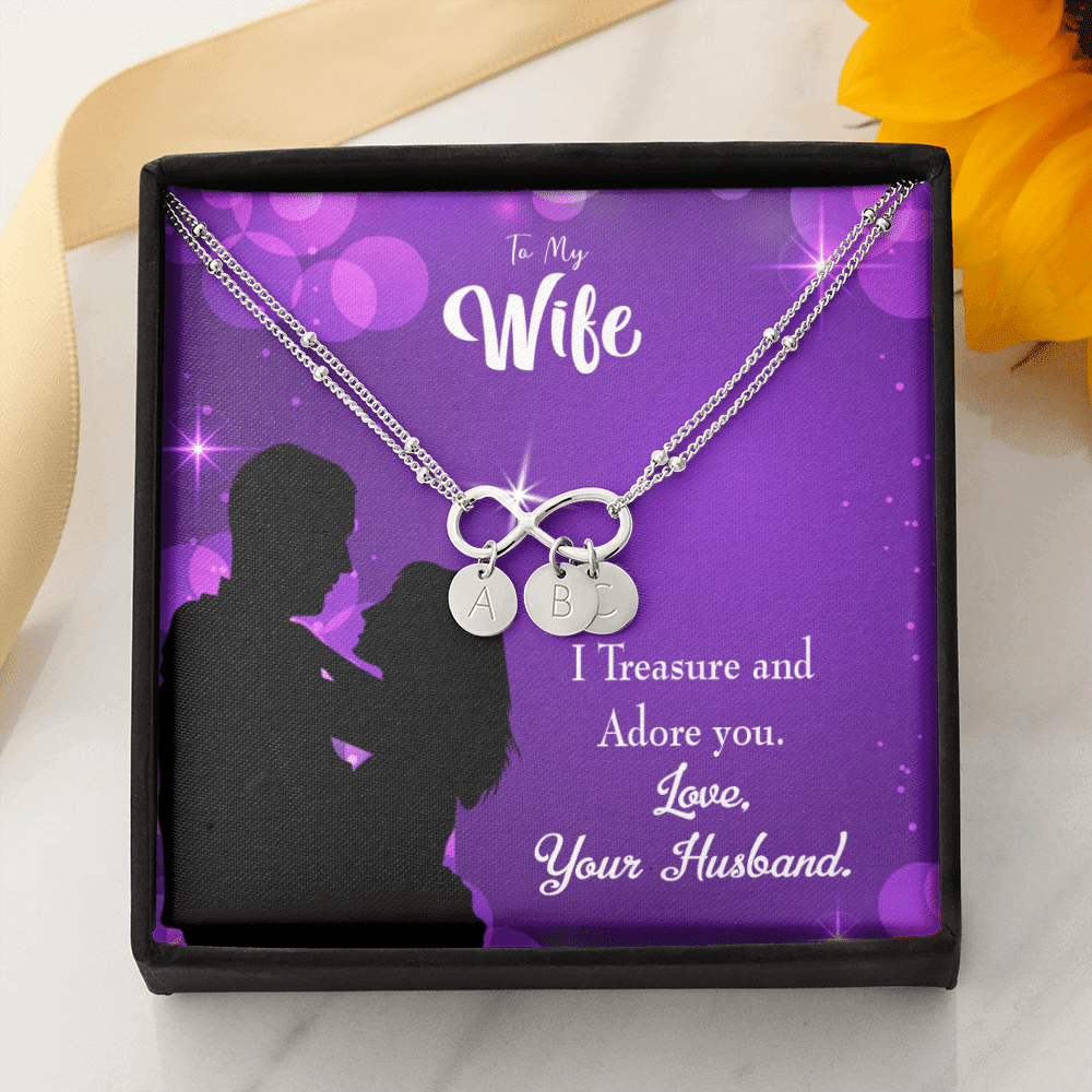 To My Wife I Treasure And Adore You Infinity Bracelet With Initial Charms - Infinity Bracelet