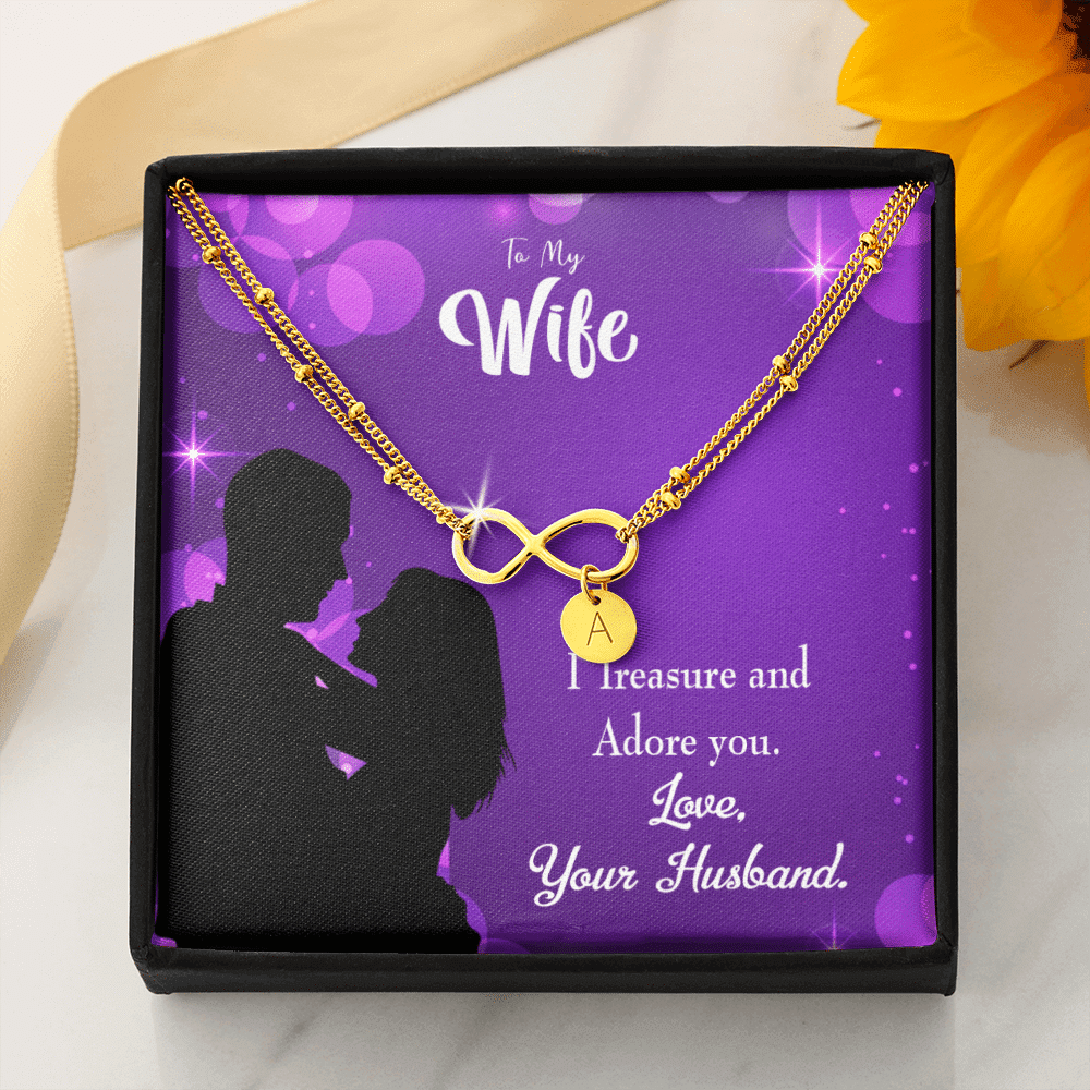 To My Wife I Treasure And Adore You Infinity Bracelet With Initial Charms - Infinity Bracelet