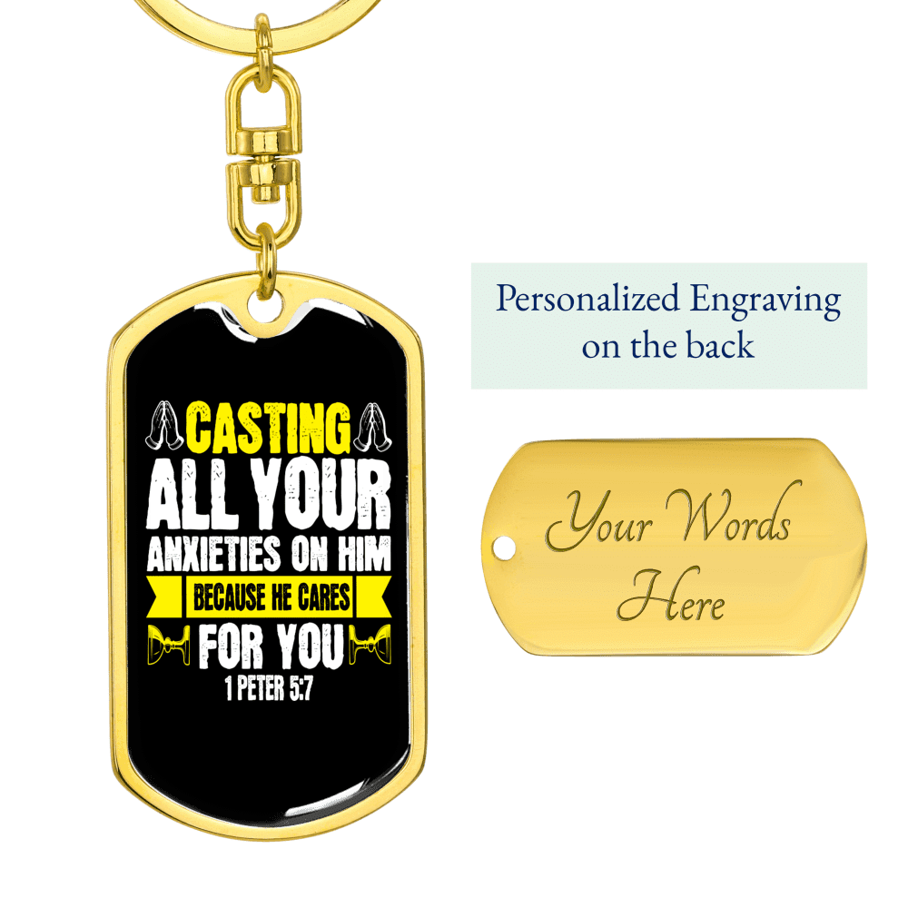 Casting All Anxieties 1 Peter 5:7 Keychain Dog Tag Keyring - Dog Tag with Swivel Keychain