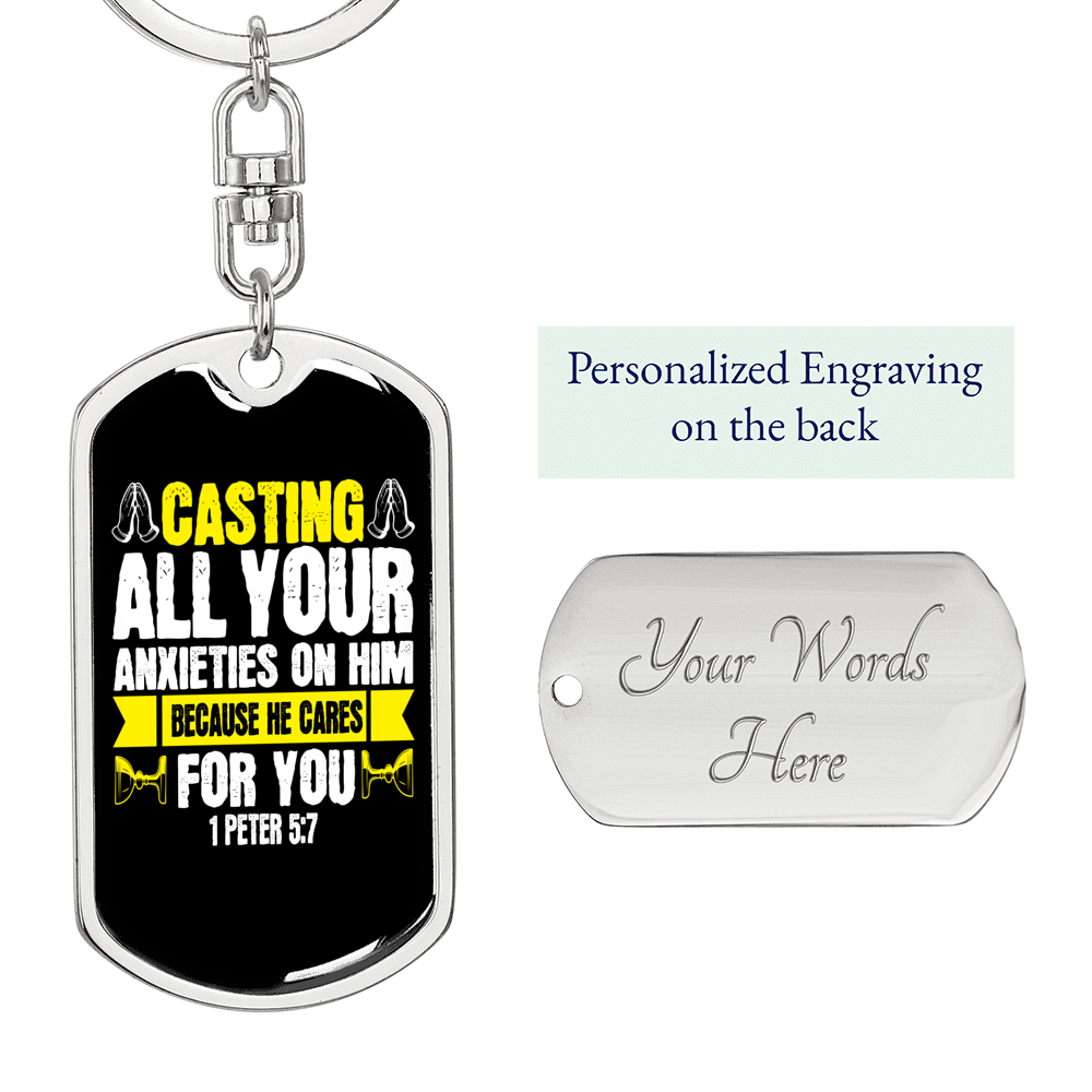 Casting All Anxieties 1 Peter 5:7 Keychain Dog Tag Keyring - Dog Tag with Swivel Keychain
