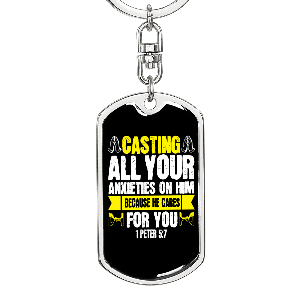 Casting All Anxieties 1 Peter 5:7 Keychain Dog Tag Keyring - Dog Tag with Swivel Keychain