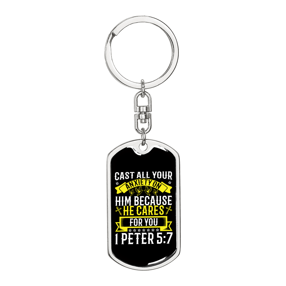 He Cares 1 Peter 5:7 Keychain Dog Tag Keyring - Dog Tag with Swivel Keychain