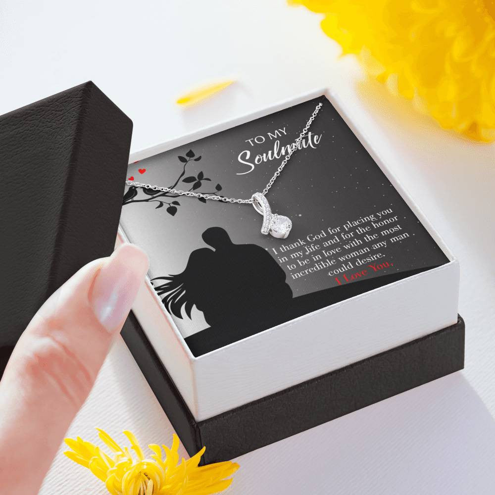To My Girlfriend Incredible Woman Message Card W Mahogany Style Luxury Box Eternity Ribbon Stone Necklace - Alluring Beauty Necklace Gift For Her