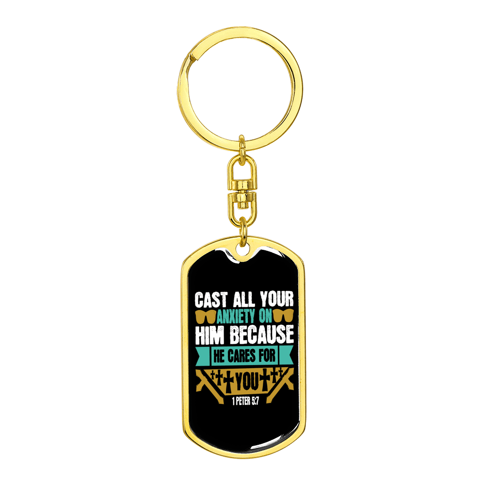 Cast Your Anxiety 1 Peter 5:7 Keychain Dog Tag Keyring - Dog Tag with Swivel Keychain