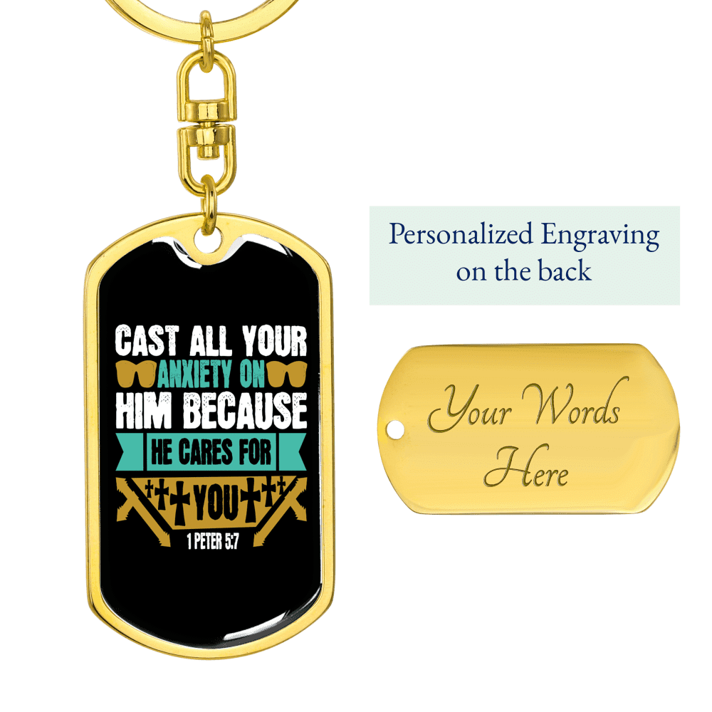 Cast Your Anxiety 1 Peter 5:7 Keychain Dog Tag Keyring - Dog Tag with Swivel Keychain