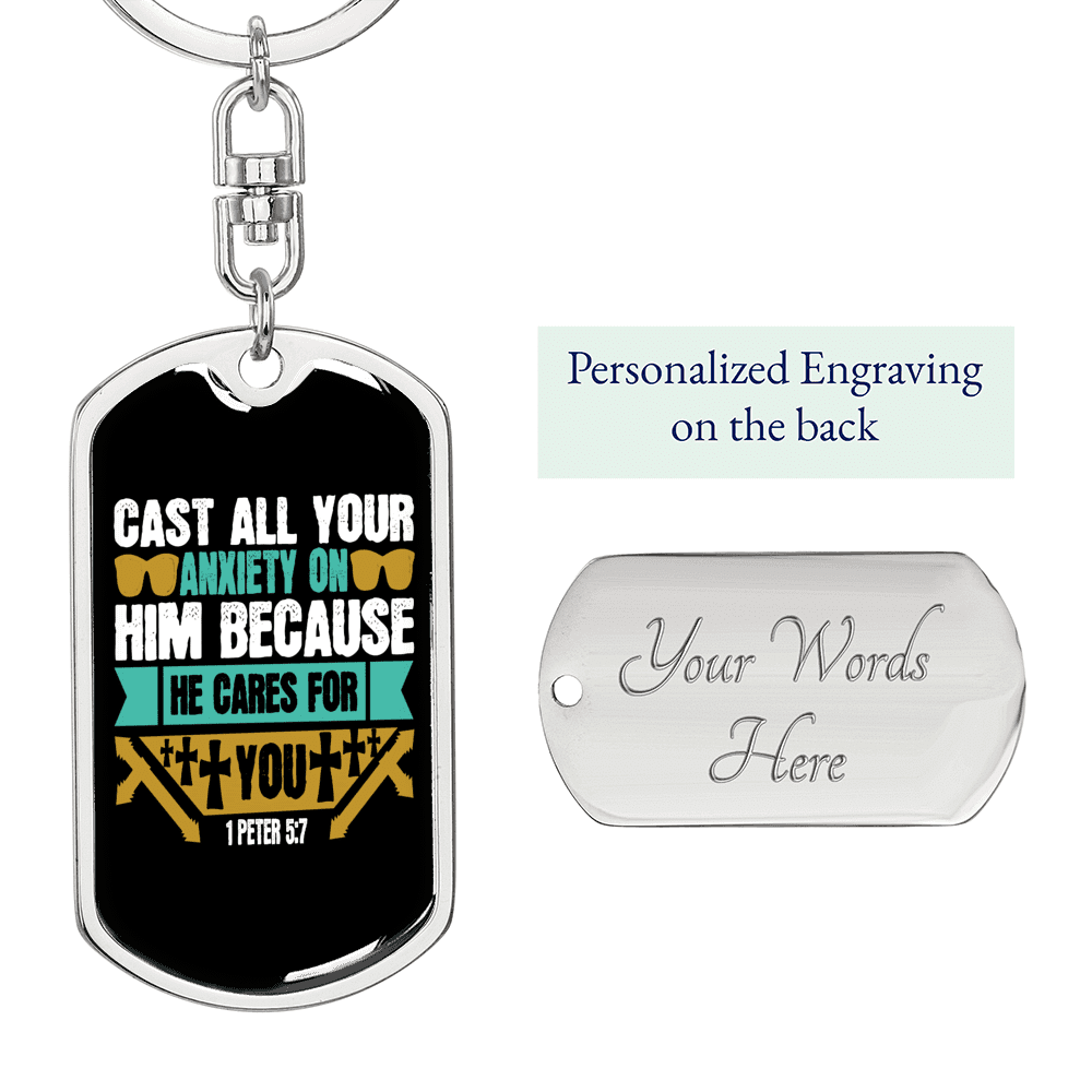 Cast Your Anxiety 1 Peter 5:7 Keychain Dog Tag Keyring - Dog Tag with Swivel Keychain
