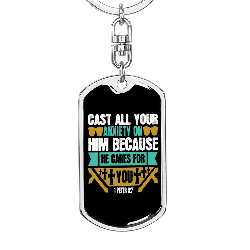 Cast Your Anxiety 1 Peter 5:7 Keychain Dog Tag Keyring - Dog Tag with Swivel Keychain