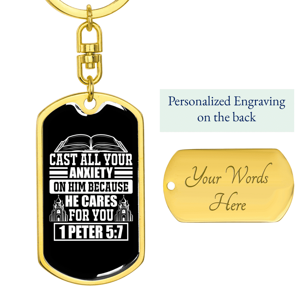 Because He Cares 1 Peter 5:7 Keychain Dog Tag Keyring - Dog Tag with Swivel Keychain