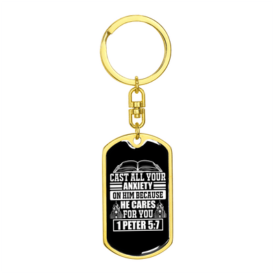 Because He Cares 1 Peter 5:7 Keychain Dog Tag Keyring - Dog Tag with Swivel Keychain